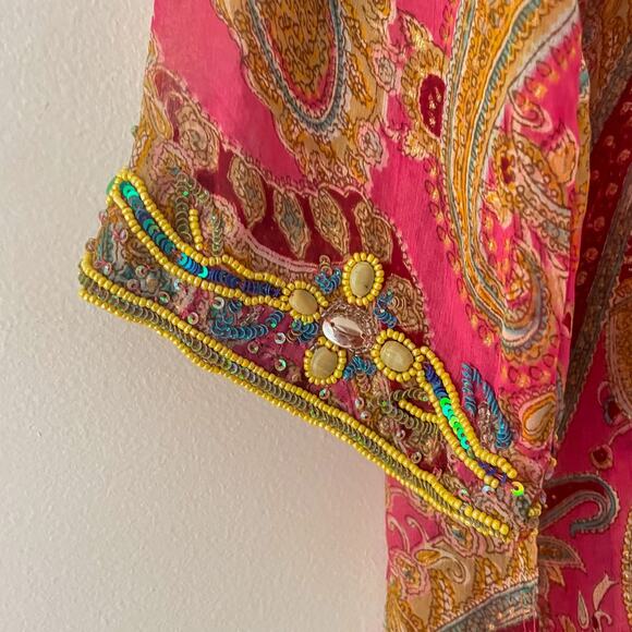 Raj 100% Silk Boho Paisley Tunic Top Beaded Pink Sheer Festival Kaftan Cover Up - Picture 4 of 10